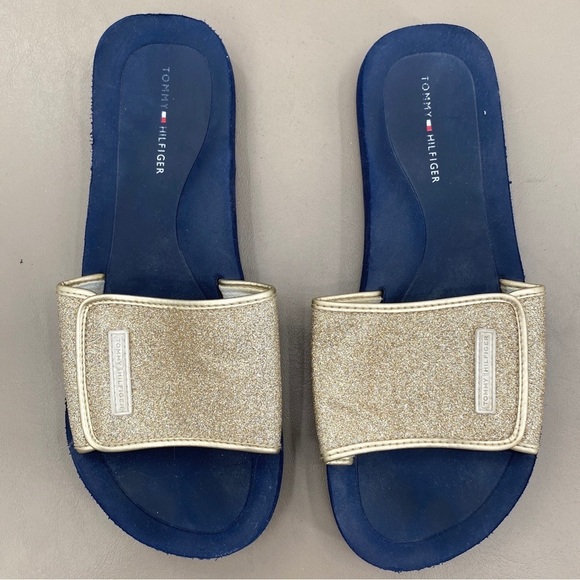 Tommy Hilfiger Metallic Gold and Navy Blue Women's Slides Size 8 - Picture 1 of 6